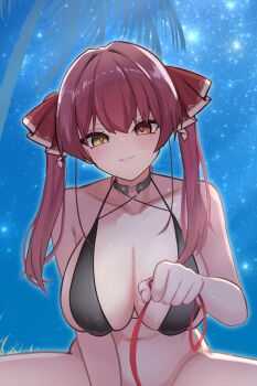 1girl absurdres bikini bikini_top_only black_bikini bottomless breasts collarbone commentary_request heterochromia highres holding holding_leash hololive houshou_marine large_breasts leash long_hair looking_at_viewer night palm_tree rashin red_eyes red_hair smile solo swimsuit tree twintails virtual_youtuber yellow_eyes