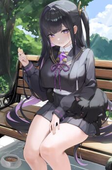 1girl absurdres black_cat black_hair black_sailor_collar black_serafuku black_shirt black_skirt blue_sky blush breasts cat chitose_(stella_sora) closed_mouth cloud colored_inner_hair commentary cookie crop_top day feet_out_of_frame food hair_intakes highres holding holding_food large_breasts long_hair looking_at_viewer miniskirt multicolored_hair one_side_up outdoors pleated_skirt purple_eyes purple_hair ryan_09214 sailor_collar school_uniform serafuku shirt shirt_under_shirt sitting_on_hair skirt sky solo stella_sora symbol-only_commentary thick_thighs thighs tree very_long_hair