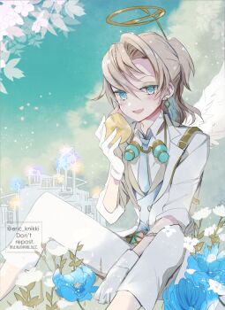 1boy :d blonde_hair blue_eyes blue_flower blue_necktie blue_sky blue_vest capri_pants coat earrings eric_knikki fang flower gloves hair_between_eyes half_updo identity_v jewelry looking_at_viewer luca_balsa luca_balsa_(paranormal_detective) male_focus necktie official_alternate_costume open_mouth pants single_hair_intake sitting sky sleeves_rolled_up smile twitter_username vest watermark white_coat white_gloves white_pants