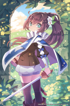 ankle_boots archived_source artist_name bf._(sogogiching) black_thighhighs blue_bow blue_sky blue_tabard boots bow brown_boots brown_hair brown_jacket brown_sleeves buttoned_cuffs buttons closed_mouth cloud commentary_request company_name copyright_notice day english_text epee field flower gold_buttons grass green_background green_eyes green_pupils hair_flower hair_ornament holding holding_sheath holding_sword holding_weapon jacket korean_commentary leaf lens_flare light_particles long_hair long_sleeves looking_at_viewer mandrake_girls_2 neck_ruff official_art photoshop_(medium) pocket ponytail puff_and_slash_sleeves puffy_shorts puffy_sleeves sheath shorts sky sleeve_bow sleeve_cuffs smile split_mouth sword tabard thighhighs twisted_torso unsheathed weapon white_flower white_shorts white_sleeves yellow_flower