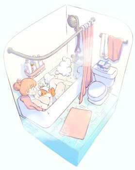 2026 animal animal_between_breasts artist_name bathing bathroom bathtub body_freckles borrowed_character breast_freckles breasts colo_(nagrolaz) diorama dog faucet floor freckles from_above hair_bun highres large_breasts nude orange_hair original partially_submerged rita_(sweethex) rug shower_curtain shower_head smile steam thigh_freckles tile_floor tiles toilet towel water