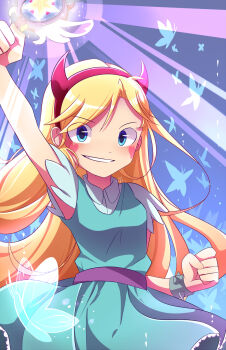 1girl anah_41 animification aqua_dress aqua_shirt arm_up belt blonde_hair blue_eyes bracelet breasts bug butterfly clenched_hand commentary cowboy_shot dress english_commentary facial_mark fake_horns glowing gradient_background grin hairband heart heart_facial_mark highres holding holding_wand horn_hairband horns insect jewelry long_hair magical_girl purple_belt red_hairband shirt small_breasts smile solo spiked_bracelet spikes star_butterfly star_vs_the_forces_of_evil swept_bangs wand