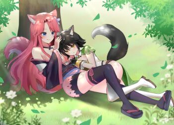 2girls absurdres animal_ears black_hair blue_eyes boots cape chiadan7 commission commissioner_upload fox_archer_(sakura_dungeon) fox_ears fox_girl fox_tail head_on_chest headpat highres japanese_clothes kimono lying multiple_girls non-web_source pink_hair sakura_dungeon smile tail thigh_boots thighhighs tree yellow_eyes yomi_(sakura_dungeon) yuri