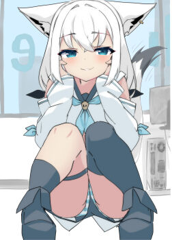 1girl absurdres animal_ears black_shorts blue_panties commentary detached_sleeves fox_ears fox_girl fox_tail highres hololive long_hair looking_at_viewer panties pantyshot shirakami_fubuki shirakami_fubuki_(1st_costume) shirayuki_(snow_link) shorts single_thighhigh smile solo striped_clothes striped_panties tail thigh_strap thighhighs underwear white_hair