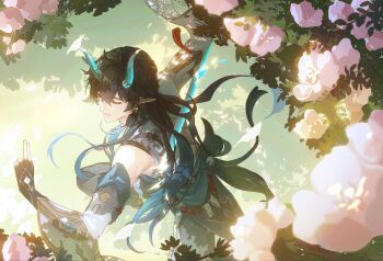 1boy aqua_hair beads black_gloves black_hair chinese_clothes chinese_commentary closed_eyes colored_inner_hair commentary_request dan_heng_(honkai:_star_rail) dan_heng_(imbibitor_lunae)_(honkai:_star_rail) detached_sleeves dragon_boy dragon_horns earrings eastern_dragon_horns eyeliner falling_petals fingerless_gloves gloves gold_earrings gold_trim green_horns hair_between_eyes hand_up highres honkai:_star_rail honkai_(series) horns jewelry leaf long_hair long_sleeves makeup male_focus multicolored_hair petals pointy_ears red_eyeliner shirt single_earring solo sunlight tree tree_shade under_tree white_shirt white_sleeves wide_sleeves yeli3718