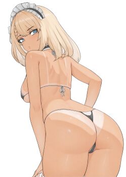 1girl ass back bare_arms bare_legs bare_shoulders bikini black_choker blonde_hair blue_eyes breasts cameltoe centaureissi_(girls'_frontline_2) choker commentary english_commentary from_behind g36_(girls'_frontline) gd146 girls'_frontline girls'_frontline_2:_exilium highres large_breasts leaning_forward maid maid_bikini maid_headdress parted_lips partially_visible_vulva sideboob simple_background skindentation solo swimsuit tan tanline thong thong_bikini unconventional_maid white_background