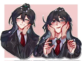 1boy aqua_eyes black_coat black_eyes black_hair black_jacket black_vest blush border cheek_squash closed_eyes coat collared_shirt disembodied_hand hands_on_another&#039;s_cheeks hands_on_another&#039;s_face heterochromia high_ponytail highres hong_lu_(project_moon) jacket lapels limbus_company long_hair looking_at_viewer male_focus multiple_views necktie notched_lapels ponytail project_moon red_necktie shirt simple_background smile upper_body verdandi_009 very_long_hair vest white_border white_shirt