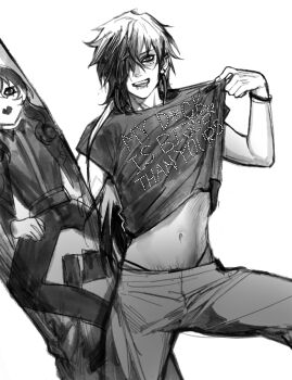 1boy blush boothill_(honkai:_star_rail) bracelet clothes_lift dakimakura_(object) face_piercing greyscale hair_over_one_eye highleg highleg_panties highres honkai:_star_rail honkai_(series) jewelry lifting_own_clothes lip_piercing long_hair looking_at_viewer male_focus mole mole_under_eye monochrome multiple_moles multiple_piercings navel panties pants piercing pillow shirt_lift simple_background solo stomach tongue_piercing underwear white_background xxxoncrack2069