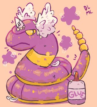 animal_focus bottle closed_mouth commentary cosplay darkylights dragonair dragonair_(cosplay) ekans english_commentary english_text fake_head_wings fake_horns fake_wings feathers full_body gen_1_pokemon glue horns nintendo no_humans pink_background pokemon pokemon_(creature) pokemon_focus simple_background single_horn slit_pupils snake solo star_(symbol) tape unamused wings