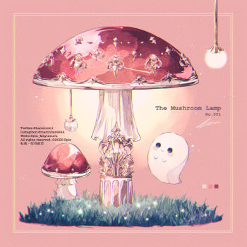 2022 artist_name color_guide copyright_notice ghost grass happy highres instagram_username lamp light_particles mushroom no_humans object_focus original picture_frame pink_background red_theme signature simple_background spin_mayumura twitter_username weibo_username