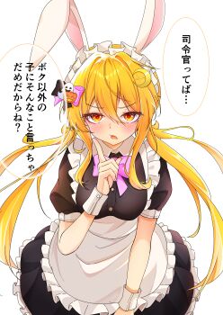 1girl absurdres animal_ears blonde_hair breasts commentary_request crescent crescent_hair_ornament finger_to_mouth food-themed_hair_ornament ghost_hair_ornament hair_ornament highres jitome kantai_collection long_hair maid medium_breasts natsu_chiki pumpkin_hair_ornament rabbit_ears satsuki_(kancolle) shushing solo translation_request twintails upturned_eyes yellow_eyes