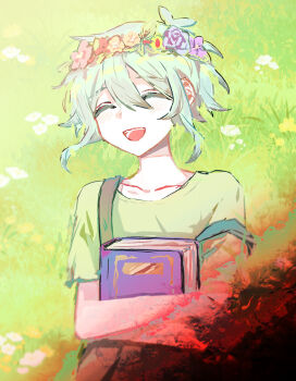 1boy :d ^_^ antenna_hair basil_(headspace)_(omori) basil_(omori) blue_flower blue_rose book closed_eyes collarbone commentary day double-parted_bangs flower flower_wreath grass green_hair green_shirt hair_between_eyes head_wreath highres holding holding_book leaf lying male_focus omori on_back on_grass open_mouth orange_flower outdoors overalls pink_flower purple_flower rose shirt short_hair short_sleeves smile solo strap_slip sukinakoto1ppai t-shirt teeth tongue upper_body white_flower