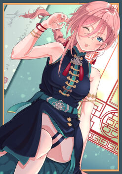 1girl ;p absurdres armlet belt black_dress blue_eyes blush border bracelet braid braided_ponytail breasts china_dress chinese_clothes chinese_knot commentary crossed_legs dress green_belt hair_between_eyes highres hololive jewelry layered_dress long_hair long_hair_between_eyes looking_at_viewer mandarin_collar medium_breasts namiki_jugo official_alternate_costume official_alternate_hair_length official_alternate_hairstyle one_eye_closed pankou pink_hair sitting sleeveless sleeveless_dress solo takane_lui takane_lui_(china_dress) tassel thigh_strap tongue tongue_out virtual_youtuber