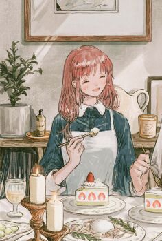 1girl blush bookshelf cake candle candlestand closed_eyes collared_dress commentary commission dress dress_over_shirt eokaku_surimi food food_bite food_request fork from_side fruit glass green_dress highres holding holding_fork indoors long_hair low-tied_long_hair original out_of_frame picture_frame plant potted_plant red_hair sidelocks skeb_commission slice_of_life solo_focus strawberry strawberry_shortcake sunlight teeth upper_teeth_only white_dress