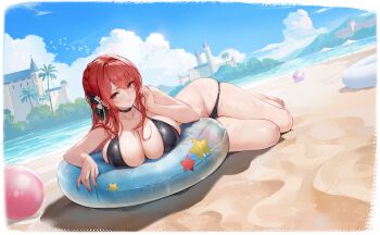 1girl absurdres artist_request azur_lane ball bare_legs barefoot beach beachball bikini bikini_bottom_pull bikini_pull bird black_bikini black_choker blue_sky braid breast_press breasts castle choker cleavage closed_mouth clothes_pull cloud cloudy_sky collarbone crown_braid day flower hair_between_eyes hair_flower hair_ornament hair_ribbon halterneck hand_in_own_hair highres huge_breasts innertube large_breasts long_hair looking_at_viewer lying monarch_(azur_lane) monarch_(sovereign_of_the_beach)_(azur_lane) nail_polish non-web_source ocean official_alternate_costume official_alternate_hairstyle official_art on_side outdoors palm_tree purple_eyes red_hair ribbon sand seagull shore skindentation sky smile solo star_(symbol) string_bikini swim_ring swimsuit thighs tree water wet white_bird