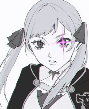 1girl black_bulls_(emblem) black_clover capelet glint glowing glowing_eye greyscale hair_ribbon highres long_hair looking_at_viewer monochrome noelle_silva parted_lips portrait purple_light ribbon solo twintails ya_mada_22