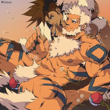 Rule 34 | 2boys, abs, absurdres, arcanine, bara, beard, body fur, brown hair, bulge, cayden (dizdoodz), completely nude, couple, dark-skinned male, dark skin, dizdoodz, earrings, eevee, facial hair, fangs, feet out of frame, forked eyebrows, gen 1 pokemon, hand on another's thigh, head on another's shoulder, highres, jason (dizdoodz), jewelry, large pectorals, male focus, mature male, mouth hold, multiple boys, muscular, muscular legs, muscular male, navel, navel hair, necklace, nintendo, nipples, nude, pectorals, personification, poke ball, pokemon, scar, scar on chest, short hair, sideburns, sitting, smile, spiked hair, spiked necklace, spread legs, stomach, tail, thick eyebrows, thighs, tiger stripes, yaoi