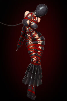 absurdres armbinder arms_behind_back bare_shoulders bdsm bondage bound breast_bondage breasts collar collarbone dress elegia frilled_dress frills gimp_mask high_heels highres large_breasts latex latex_dress leash mask original restrained shibari shibari_over_clothes skindentation