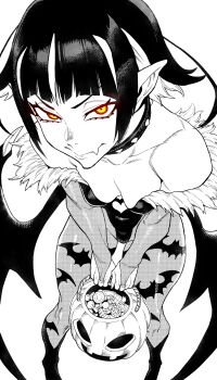 1girl animal_print bare_shoulders bat_print breasts candy closed_mouth collar collarbone commentary cosplay darkstalkers fang food from_above fur-trimmed_leotard fur_trim halloween highres jack-o&#039;-lantern leotard looking_at_viewer low_wings monochrome morrigan_aensland morrigan_aensland_(cosplay) off-shoulder_leotard original pantyhose pointy_ears short_hair simple_background skin_fang small_breasts solo spiked_collar spikes spot_color symbol-only_commentary websake white_background wings yellow_eyes