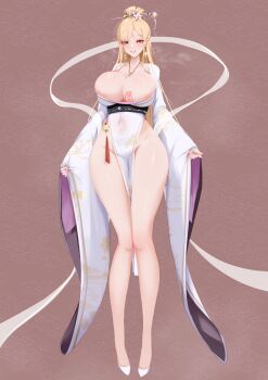 Rule 34 | 1girl, absurdres, areola slip, blonde hair, breast tattoo, breasts, chinese clothes, cleavage, covered navel, dogma zzzz, dress, earrings, full body, hair ornament, hair stick, highres, huge breasts, jewelry, long hair, looking at viewer, mole, original, pelvic curtain, red eyes, sash, smile, solo, tattoo, white footwear, wide sleeves