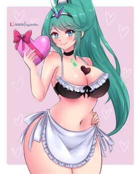 Rule 34 | 1girl, apron, between breasts, bikini, black bow, black bra, blush, bow, bow bra, box, box of chocolates, bra, breasts, candy, chocolate, chocolate heart, choker, cleavage, collarbone, core crystal (xenoblade), food between breasts, frilled bra, frills, green eyes, green hair, hand on own hip, headpiece, heart, heart background, high ponytail, holding, horns, large breasts, long hair, looking at viewer, maid, maid apron, maid bikini, navel, nintendo, pink background, pneuma (xenoblade), ponytail, sidelocks, single horn, smile, standing, sugarbell, thick thighs, thighs, unconventional maid, underwear, valentine, valentine chocolate, white apron, wide hips, xenoblade chronicles (series), xenoblade chronicles 2