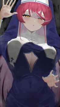 1girl blush breasts cleavage cleavage_cutout clothing_cutout covered_navel crossed_bangs dress guimpe hair_between_eyes hashtag-only_commentary heterochromia highres hololive houshou_marine houshou_marine_(nun) large_breasts long_hair looking_at_viewer multicolored_hair nun nun_headdress open_mouth ponnu_(nikeytina) reaching reaching_towards_viewer red_eyes red_hair sidelocks solo sweat upper_body virtual_youtuber white_hair yellow_eyes
