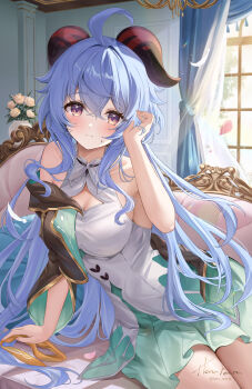 Rule 34 | 1girl, absurdres, ahoge, arm support, bare shoulders, black jacket, blue hair, blush, breasts, cleavage, closed mouth, commentary, cosplay, english commentary, fingernails, firefly (honkai: star rail), firefly (honkai: star rail) (cosplay), ganyu (genshin impact), genshin impact, goat girl, goat horns, green skirt, hair between eyes, hand up, harukix, highres, honkai: star rail, honkai (series), horns, indoors, jacket, large breasts, long hair, looking at viewer, pink petals, shirt, signature, sitting, skirt, solo, thighs, very long hair, white shirt