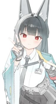 1girl animal_ears black_gloves black_hair black_necktie black_skirt breasts closed_mouth crro fingerless_gloves fox_ears gloves highres hoshimi_miyabi long_hair looking_at_viewer medium_breasts necktie red_eyes shirt simple_background skirt smile solo v white_background white_shirt zenless_zone_zero