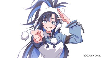 1girl :d anco_(platanity) animal_hat arm_up black_choker black_hair blue_eyes blue_hair blue_shrug braid cat_hat choker collared_shirt colored_inner_hair commentary copyright_notice curtained_hair english_commentary grin hat highres hololive hololive_english long_hair long_sleeves looking_at_viewer multicolored_hair official_alternate_costume official_alternate_hairstyle official_art open_mouth ouro_kronii pointing pointing_at_viewer shirt shrug_(clothing) side_braids sidelocks simple_background smile solo star-shaped_pupils star_(symbol) symbol-shaped_pupils very_long_hair virtual_youtuber white_background white_hat white_shirt