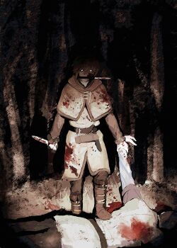 2boys belt blood blood_on_clothes boots capelet coat dagger forest full_body fur-trimmed_capelet fur_boots fur_trim glowing glowing_eyes hair_between_eyes highres holding holding_another&#039;s_wrist holding_dagger holding_knife holding_weapon kakuzta knife long_sleeves male_focus multiple_boys nature short_hair thorfinn vignetting vinland_saga weapon weapon_in_mouth