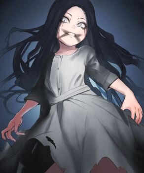 1girl 4066 black_hair child dress emilia_(pacify) facepaint female_focus floating_clothes floating_hair from_below ghost grey_dress horror_(theme) long_hair looking_at_viewer looking_down pacify solo teeth torn_clothes torn_dress white_eyes