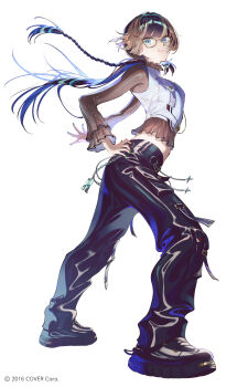 1girl bespectacled black_hair black_pants black_shirt black_shoes blue_eyes blunt_bangs braid cargo_pants closed_mouth commentary_request crop_top cropped_shirt cross-laced_shoes fajyobore floating_hair full_body glasses grey-framed_eyewear grey_hair hand_on_own_hip highres hololive hololive_dev_is juufuutei_raden long_hair looking_at_viewer looking_to_the_side midriff multicolored_hair official_alternate_costume official_alternate_hairstyle official_art pants platform_shoes shirt shoes side_braid simple_background single_braid smile solo streaked_hair streetwear two-tone_hair undershirt virtual_youtuber white_shirt