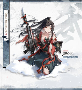 1girl :o barefoot bayonet black_gloves black_hair blood blue_skirt broken broken_weapon collarbone commentary cuts english_commentary english_text fingerless_gloves full_body girls'_frontline gloves gun high_ponytail holding holding_gun holding_weapon imoko_(imonatsuki) injury japanese_clothes kimono kneeling long_skirt long_sleeves looking_at_viewer official_alternate_costume official_art open_mouth orange_eyes ponytail pouch qbz-191 qbz-191_(girls'_frontline) qbz-191_(lone_pine_walker)_(girls'_frontline) red_kimono red_ribbon rerebrace ribbon scar scar_on_face scope scrape scraped_knee second-party_source simple_background skirt snow solo star_(symbol) torn_clothes torn_kimono torn_ribbon torn_skirt vambraces weapon white_background