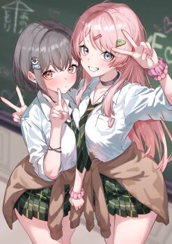 2girls ai_ai_gasa bang_dream! bang_dream!_it&#039;s_mygo!!!!! black_choker blush breast_pocket brown_cardigan brown_eyes cardigan cardigan_around_waist chihaya_anon choker clenched_teeth closed_mouth clothes_around_waist commentary diagonal-striped_clothes diagonal-striped_necktie double_v fang green_necktie green_skirt grey_eyes grey_hair gyaru hair_ornament hairclip highres houji_tea_latte long_hair multiple_girls nail_polish necktie penguin_hair_ornament pink_hair pink_nails pleated_skirt pocket scrunchie shirt short_hair skirt striped_clothes takamatsu_tomori teeth translated v white_shirt wrist_scrunchie