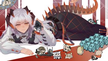 1other 6+girls absurdres arknights black_dress blonde_hair brown_hair closed_mouth commentary doctor_(arknights) dorothy_(arknights) dragon_horns dragon_tail dress english_commentary flowing_shape_(arknights) grey_hair highres ho&#039;olheyak_(arknights) horns ifrit_(arknights) kristen_(arknights) long_hair long_sleeves lying magallan_(arknights) mayer_(arknights) mini_person minigirl muelsyse_(arknights) multiple_girls najashi on_stomach orange_eyes orange_nails owl_girl ptilopsis_(arknights) saria_(arknights) shirt silence_(arknights) tail white_shirt zzz