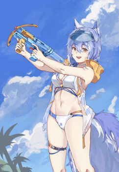 1girl :d animal_ears arknights beach bikini blue_sky breasts bright_pupils chinese_commentary cleavage cloud commentary_request cowboy_shot day groin hair_between_eyes highres holding holding_water_gun looking_at_viewer medium_breasts navel open_clothes open_mouth open_vest outdoors provence_(arknights) purple_hair purple_tail see-through_clothes see-through_vest short_hair skindentation sky smile solo standing swimsuit tail teng_yang thigh_strap vest visor_cap water_gun white_bikini white_pupils white_vest yellow_eyes