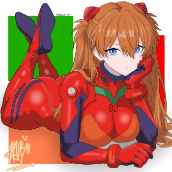 1girl alternate_breast_size_(larger) arm_support artist_logo artist_name ass blue_eyes bodysuit breasts commentary curvy drawlab33t english_commentary full_body hair_between_eyes hair_ornament hairpods hand_on_own_face highres interface_headset_(evangelion) invisible_floor large_breasts logo long_hair looking_at_viewer lying mecha_pilot_suit multicolored_bodysuit neon_genesis_evangelion on_stomach orange_bodysuit orange_hair plugsuit_(evangelion) red_bodysuit shiny_clothes solo souryuu_asuka_langley test_plugsuit_(evangelion) the_pose twintails twitter_username two_side_up white_background wide_hips
