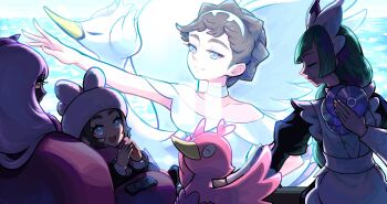 4girls :d alternate_color ansha_(pokemon) blue_eyes cd closed_eyes closed_mouth controller diantha_(pokemon) ducklett eyelashes ffccll gen_5_pokemon green_hair hands_up hat headdress highres holding_cd jacinthe_(pokemon) lebanne_(pokemon) long_hair long_sleeves multiple_girls nintendo open_mouth pokemon pokemon_(creature) pokemon_legends:_z-a pokemon_xy puffy_sleeves remote_control scarf shiny_pokemon smile swanna