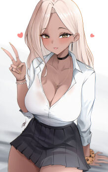 1girl absurdres black_choker black_skirt blonde_hair bracelet breasts choker cleavage commentary cross cross_necklace english_commentary gyaru heart highres jewelry large_breasts long_hair looking_at_viewer necklace noa_(pynkmouth) original pleated_skirt pynkmouth school_uniform scrunchie shirt simple_background skirt solo tan thighs v white_background white_shirt wrist_scrunchie yellow_eyes