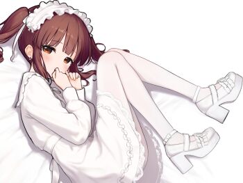 1girl blush brown_eyes brown_hair commentary_request dress fetal_position full_body hairband highres idolmaster idolmaster_cinderella_girls jia_wenyuan lolita_hairband long_hair looking_at_viewer lying ogata_chieri on_side pantyhose platform_heels simple_background solo tareme twintails white_background white_dress white_pantyhose