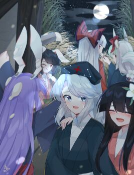 Rule 34 | 6+girls, :d, alternate costume, animal ears, bamboo, bamboo forest, black hair, black kimono, blue eyes, blue hat, blue kimono, blush, bow, buttons, clenched hand, closed eyes, cloud, commentary request, constellation print, cross, dango, ex-keine, feeding, floppy ears, flower, food, food on hair, forest, fujiwara no mokou, full moon, fusuma, green sash, grey hair, hair bow, hair flower, hair ornament, hands up, hat, highres, horn bow, horn ornament, horns, houraisan kaguya, imperishable night, inaba tewi, japanese clothes, kamishirasawa keine, kimono, kine, long hair, mallet, medium hair, mochi, moon, multiple girls, nature, night, night sky, one eye closed, open mouth, outstretched arms, pink kimono, purple hair, rabbit ears, rabbit girl, red bow, red cross, red eyes, red kimono, red sash, reisen udongein inaba, renge kanatsuki, sash, sky, sliding doors, smile, star (sky), starry sky, sweatdrop, tatami, tongue, tongue out, touhou, wagashi, white flower, white sash, yagokoro eirin