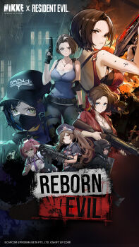 Rule 34 | 6+girls, ada wong, belt, black belt, black cloak, black hat, black shirt, black skirt, blue eyes, blue shirt, bow (weapon), break-action grenade launcher, breasts, brown eyes, brown hair, claire redfield, cloak, closed mouth, commentary, cropped shirt, crossbow, crossover, d (nikke), dress, english commentary, forehead, frown, goddess of victory: nikke, green eyes, green hair, grenade launcher, gun, gundam, handgun, hat, highres, holding, holding crossbow, holding gun, holding weapon, hood, hooded cloak, jacket, jewelry, jill valentine, large breasts, looking at viewer, m79, mask, miranda (nikke), mouth mask, multiple girls, necklace, official art, pink hair, police, police uniform, quiry (nikke), red dress, red jacket, resident evil, shirt, short sleeves, skirt, star (symbol), submachine gun, tank top, twintails, weapon, white shirt