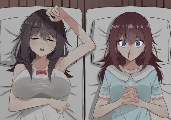 Rule 34 | 2girls, absurdres, black hair, blood, blue eyes, breasts, brown hair, crossed arms, furutachi kurea, futon, hibi wa sugiredo meshi umashi, highres, implied yuri, kawai mako, large breasts, long hair, lying, multiple girls, nosebleed, on back, rachel114514, sleeping, wide-eyed