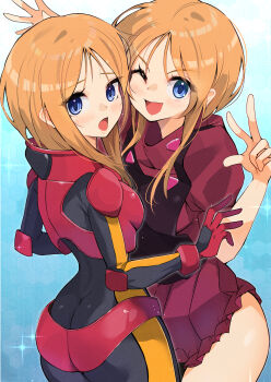 2girls ;d ass black_bodysuit blaze_(blazeillust) blue_background blue_eyes blush bodysuit breast_press breasts cowboy_shot elpeo_puru embarrassed gloves gradient_background gundam gundam_zz highres looking_at_viewer mecha_pilot_suit medium_hair multiple_girls normal_suit_(gundam) one_eye_closed open_mouth orange_hair parted_bangs puru_two red_skirt short_hair_with_long_locks skirt small_breasts smile sparkle_background symmetrical_docking