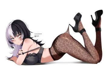 1girl ass black_bra black_hair black_pantyhose black_shoes bra breasts closed_mouth commentary full_body grey_hair high_heels hololive hololive_english lace_pantyhose lace_pantyhose_hooked_on_heel_(meme) large_breasts long_hair looking_at_viewer lying meme multicolored_hair oioi_ainomo on_stomach pantyhose platform_heels shiori_novella shoes simple_background smile solo split-color_hair strap_slip streaked_hair symbol-only_commentary the_pose two-tone_hair underwear virtual_youtuber white_background yellow_eyes