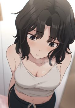 1girl amagami arm_at_side black_eyes black_hair black_pants breasts breath camisole cleavage commentary_request cowboy_shot crop_top curtained_hair drawstring from_above highres kagari_ds large_breasts midriff navel pants parted_lips short_hair solo spaghetti_strap standing tanamachi_kaoru tied_drawstring wavy_hair white_camisole white_mouth