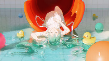 1girl absurdres aqua_hair ball bandaged_arm bandages closed_eyes closed_mouth commentary_request dididi_laonian_ka dream_pool dress hand_on_own_stomach hatsune_miku highres indoors liminal_space long_hair lying lying_on_water mixed_media on_back pool rubber_duck solo tile_wall tiles twintails very_long_hair vocaloid water water_slide white_dress