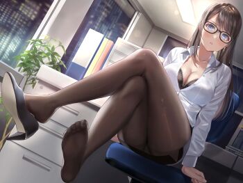 1girl :o absurdres ass binder black_pantyhose blue_eyes blush bra breasts brown_hair building chair cleavage collared_shirt commentary_request desk drawer dress_shirt dutch_angle feet fluorescent_lamp foot_focus from_below frown glasses high_heels highres legs long_hair looking_at_viewer medium_breasts miniskirt night non-web_source office office_chair office_lady on_chair open_clothes open_shirt original pantyhose partially_unbuttoned plant sakamuke screen shirt shoe_dangle shoes single_shoe sitting skirt sky skyscraper sticky_note swivel_chair teeth thighs toes underwear white_shirt window
