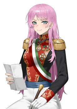 1girl absurdres bang_dream! bang_dream!_it&#039;s_mygo!!!!! black_background blue_eyes chihaya_anon closed_mouth conductor_baton epaulettes gloves highres holding holding_paper jacket long_hair long_sleeves looking_at_viewer medal military_dress_uniform military_jacket military_uniform multicolored_sash pants paper pink_hair sash shoulder_sash simple_background solo waist_sash white_gloves white_pants wsfw