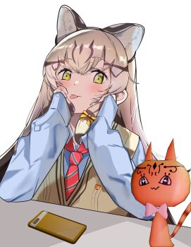 Rule 34 | 1girl, absurdres, animal, animal ears, bow, bowtie, cardigan, cat, cat ears, cat girl, cellphone, commentary request, desk, extra ears, geoffroy's cat (kemono friends), green eyes, grey hair, highres, kemono friends, kemono friends v project, llb, long hair, looking at viewer, necktie, phone, ribbon, shirt, simple background, smartphone, solo, tongue, upper body, virtual youtuber